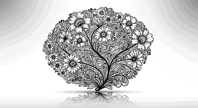 Intricate black and white floral tree illustration with flowers and leaves