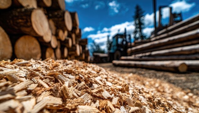 Wood Chip Pile and Stacked Logs at Lumber Mill with Tractor.