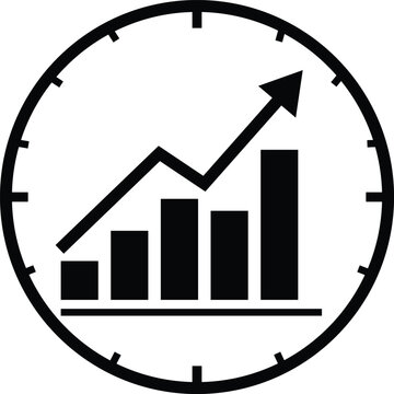 Black and white clock face with bar graph and upward arrow symbolizing growth time bar chart