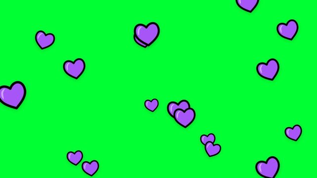 A collection of purple hearts floating against a bright green background, varying in size and orientation, creating a lively, romantic pattern