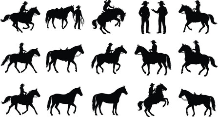 Fototapeta premium Western Cowboy and Horse Silhouette Collection Featuring Rodeo Riders Ranch Lifestyle and Equestrian Vector Set