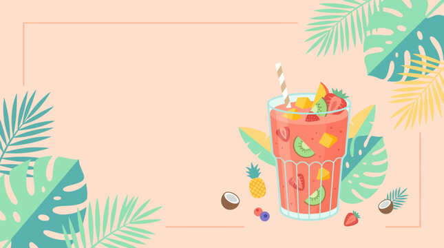 Summer tropical fruit smoothie background with copy space. Refreshing beverage banner with palm leaves vector illustration.