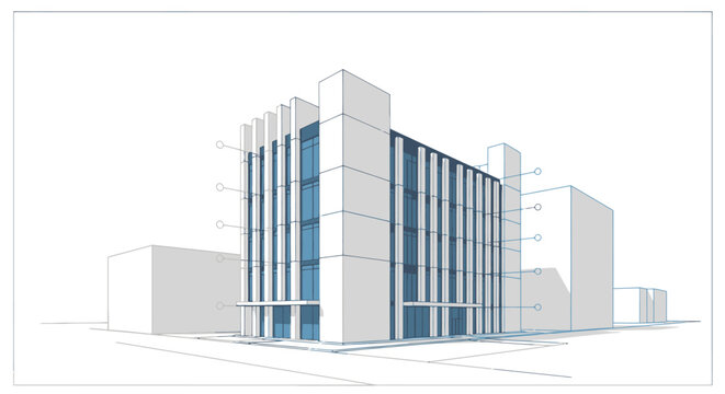 Architectural 3D sketch of modern office building facade