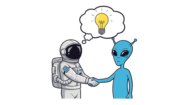 Astronaut and blue alien shaking hands with lightbulb idea