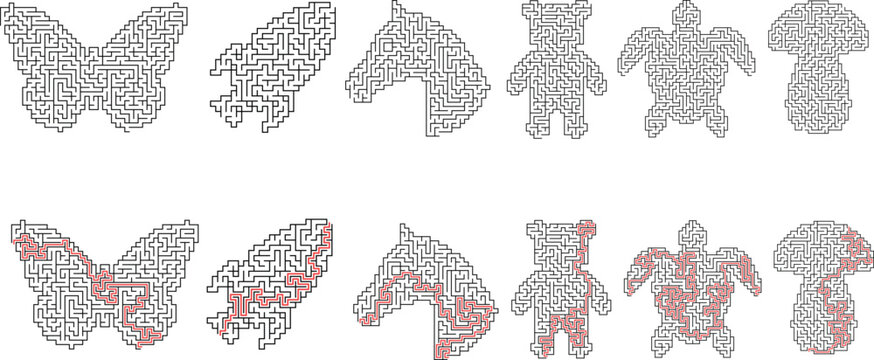 Maze illustrations featuring various shapes including butterflies, horses, turtles, and mushrooms designed for children's activity books and puzzles, ideal for educational games
