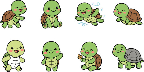 Fototapeta premium Cute Turtle Cartoon Character Collection Featuring Walking Swimming Sitting Waving and Happy Baby Turtle Poses for Adorable Wildlife Vector Illustration Designs
