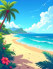 Obraz premium A serene tropical beach paradise with lush coconut palm trees on the soft sand overlooking the turquoise Caribbean sea under a sunny summer sky