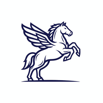 Blue pegasus mythical winged horse rearing in minimalist logo style