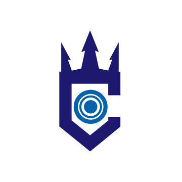 Blue trident crown logo with concentric circle shield design