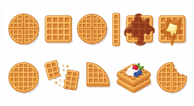 Belgian waffle vector set with 11 breakfast food elements, golden brown toasted waffles with chocolate syrup and butter, sweet dessert icons