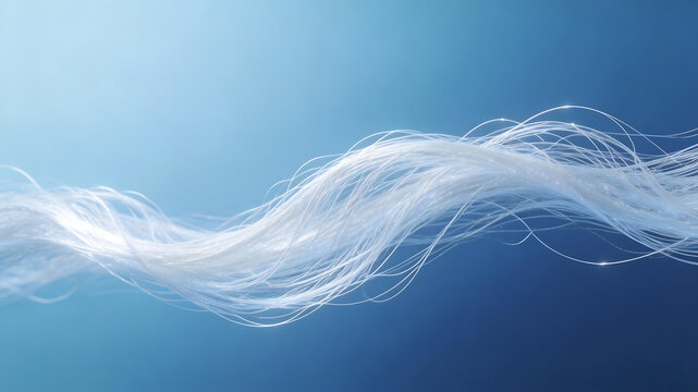 Flowing white fibers against blue background highlighting geometric patterns and contemporary art