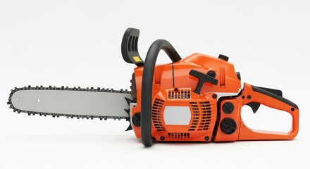 Fototapeta premium Professional Orange Gasoline Powered Chainsaw Isolated on White Background for Industrial and Forestry Use