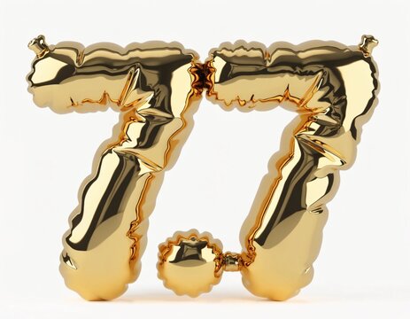 a two identical shiny gold foil balloons shaped like the number seven with a small golden dot placed between them on a plain white background