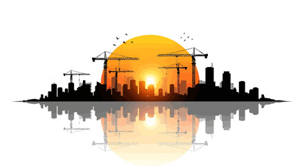 Obraz premium City skyline silhouette with construction cranes at sunset.