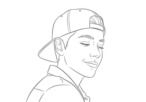 Minimalist line art of young man wearing baseball cap backwards