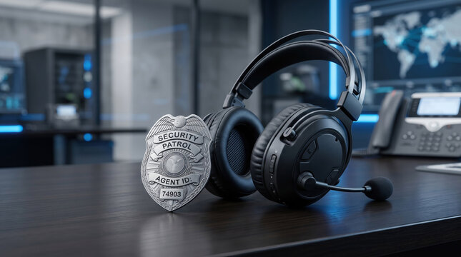 Security badge and headphones on a desk in a control room with a world map on screen