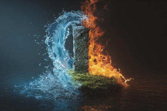 Stone letter "L" splits between dynamic water and blazing fire, grass below