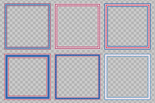 Patriotic USA square frame set with red and blue stars and stripes for 4th of July. American Independence Day borders collection