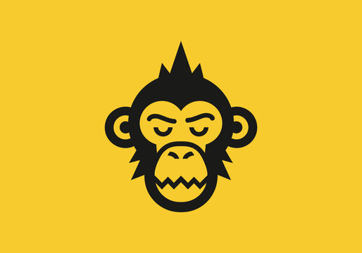 Minimalist monkey head icon with mohawk on yellow background