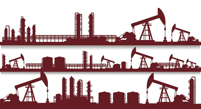 Oil industry silhouettes with pumpjacks and refineries.