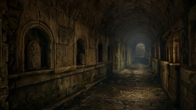 catacomb. An ancient stone tunnel with an arched ceiling and carved wall niches. real-estate listings, architecture portfolios, designed for real-estate listing and luxury residence showcases.