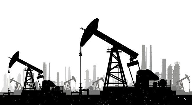 Oil pumpjacks silhouetted against a white background representing energy industry.