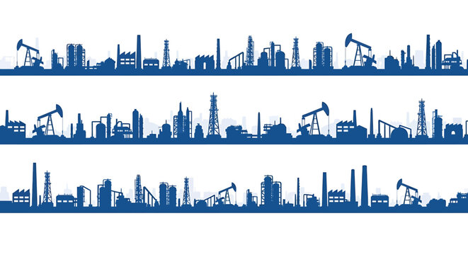 Industrial landscape silhouettes with oil rigs and factories.
