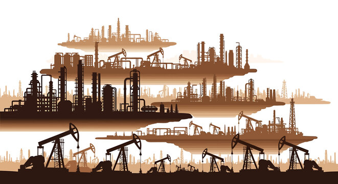 Oil industry landscape with pumpjacks and refinery silhouettes.