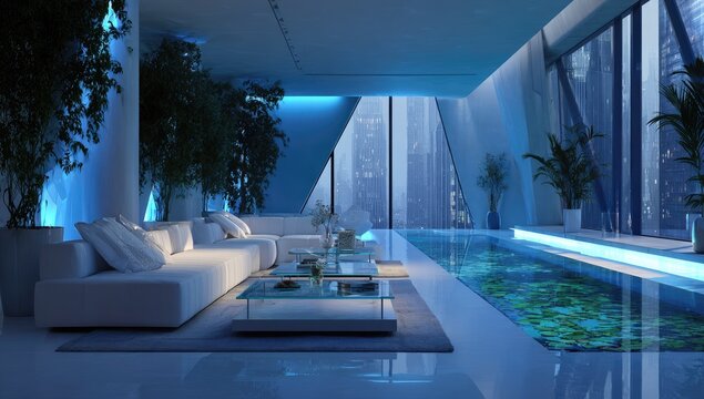 Modern luxurious apartment with indoor pool, lush plants, and city view