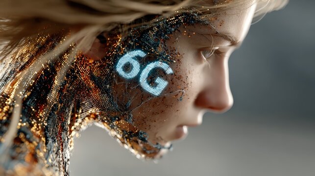 A conceptual portrayal of future technology, showcasing the number 6G projected onto the textured skin of a human face. ..Created with Generative AI, not depicting real subjects.
