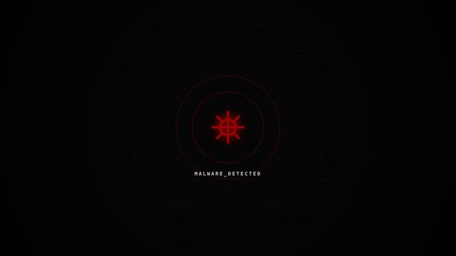 A stark black background featuring a red symbol with concentric circles, indicating a warning for detected malware