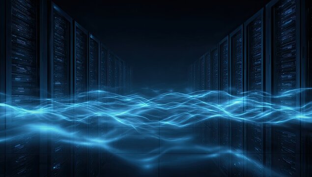 Abstract Blue Digital Waves Flowing Through Futuristic Server Room.
