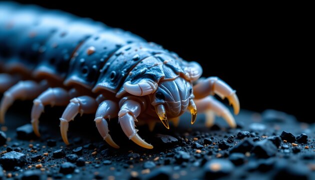 The image features a close up of a pale, segmented arthropod with multiple legs and prominent claws, positioned on a dark, granular surface