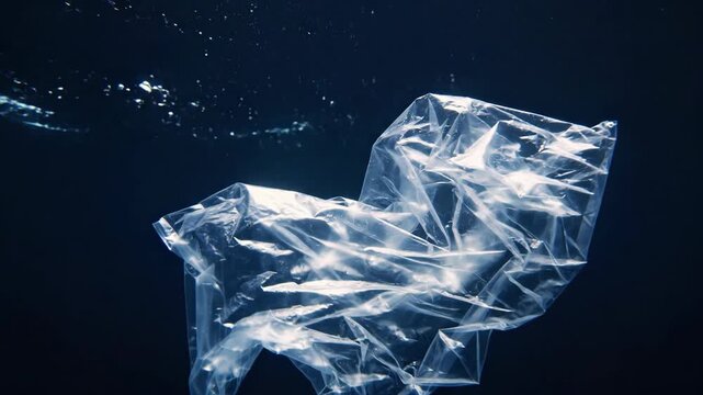 Plastic bag floats underwater in dark ocean water. Transparent synthetic trash sinking in deep sea. Environmental pollution hazard and marine ecological waste issue