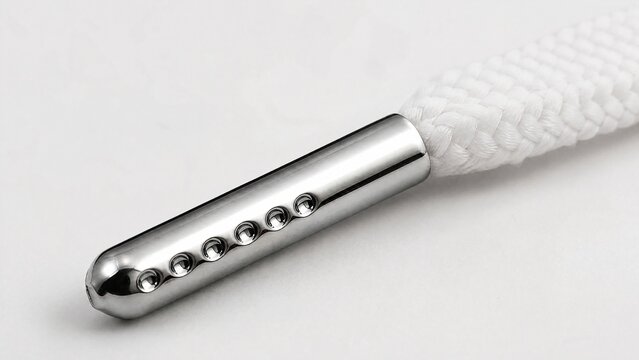aglet. Close-up of a metal aglet on a new white shoelace. product launch decks, UI/UX mockups, designed for data visualization dashboards and holographic UIs, used by motion designers.
