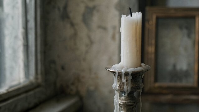 solidified. A single extinguished white candle with wax drippings on a tarnished holder. symbolizing life milestones and joyful moments.