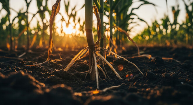 Close-up of corn roots soil and stalk at sunset, sustainable agriculture with crop growth in farming field
