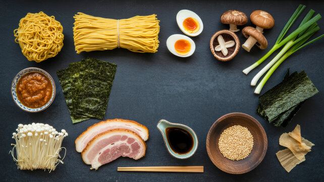 Overhead view photograph showing fresh ingredients for delicious ramen noodle soup arranged neatly on a dark textured kitchen table surface
