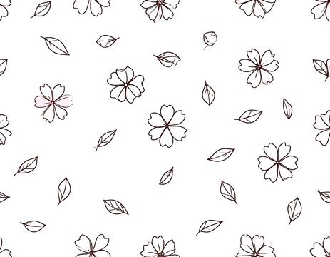 Delicate floral pattern featuring hand drawn flowers and leaves on white backdrop