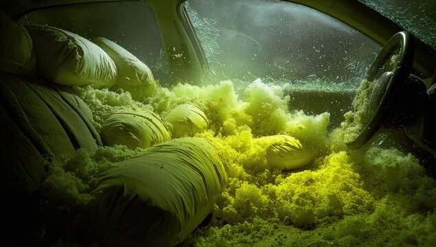 Car interior engulfed in bright yellow foam, airbags deployed