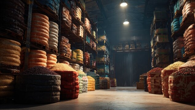 Vast Warehouse Interior Filled with Stacks of Goods.