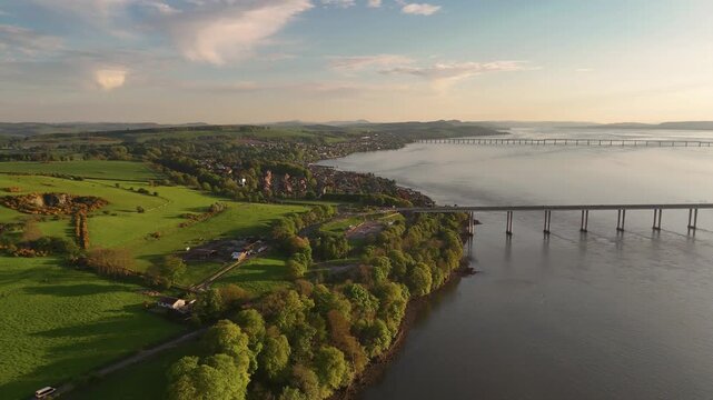 Aerial View of Newport-on-Tay and River Tay Coastline at Golden Hour Sunset, Fife, Scotland