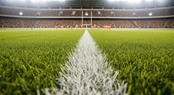 Professional sports stadium filled with spectators during a match. View from ground level along the white center line of a well-maintained grass field. Bright lights illuminate the venue.