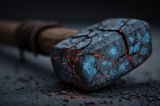Mythical glowing stone warhammer with fiery cracks and lava effect on dark ground