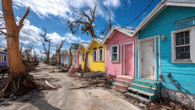 Colorful houses damaged by a storm, with debris and fallen trees lining the street