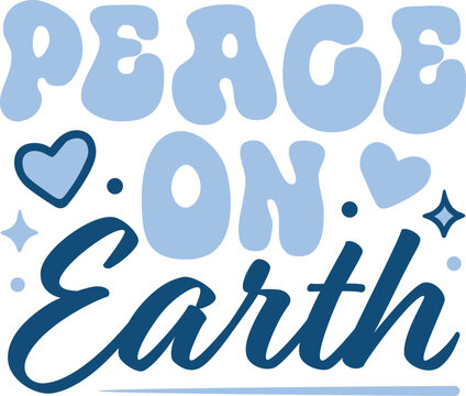 Peace on earth lettering world peace activism protest sign peacemaker peaceful activist blue text sticker shirt design. Cute hearts girly groovy retro vintage aesthetic Christian wishes card print.