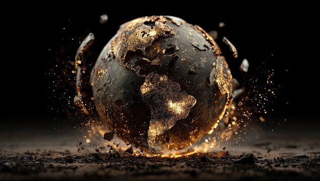 Fragmented planet exploding with molten gold and fiery dust