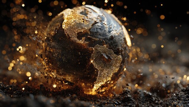 Glowing Earth fragmenting into golden particles against a dark backdrop