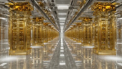 Fototapeta premium Endless golden hall of intricate columns under futuristic ceiling