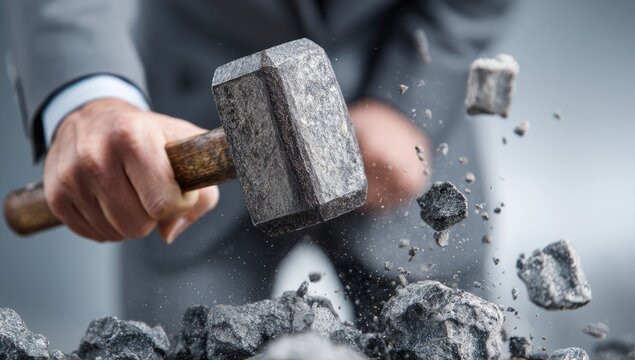 Businessman smashing rocks with a sledgehammer, symbolizing breaking barriers and overcoming challenges.